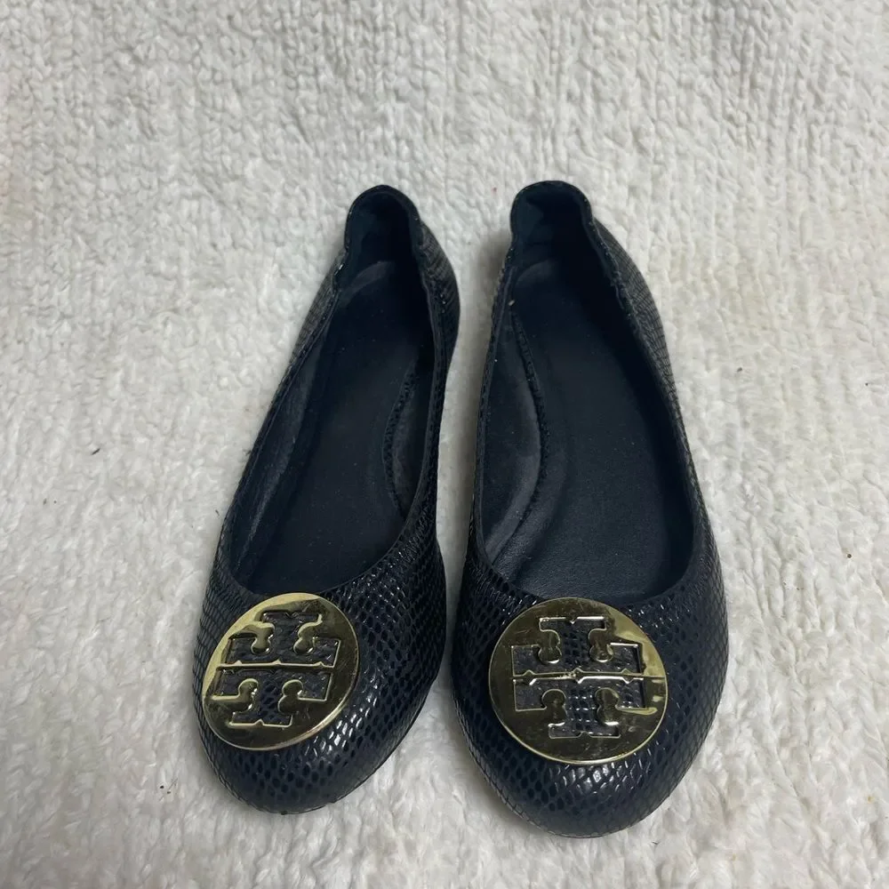 Tory Burch leather lizard print Black slip on Flats with Gold Logo SZ7